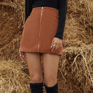Brown Corduroy Zipper Front Mini Skirt